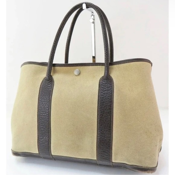 SOLD Auth HERMES Beige Canvas and Brown Leather Garden Party Tote Bag Purse - Picture 2 of 11